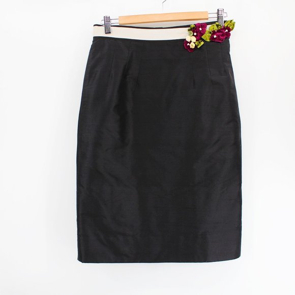 Jill Stuart Black Label 100% Silk Pencil Skirt Black Velvet Flowers 90s Y2K M - Picture 4 of 7